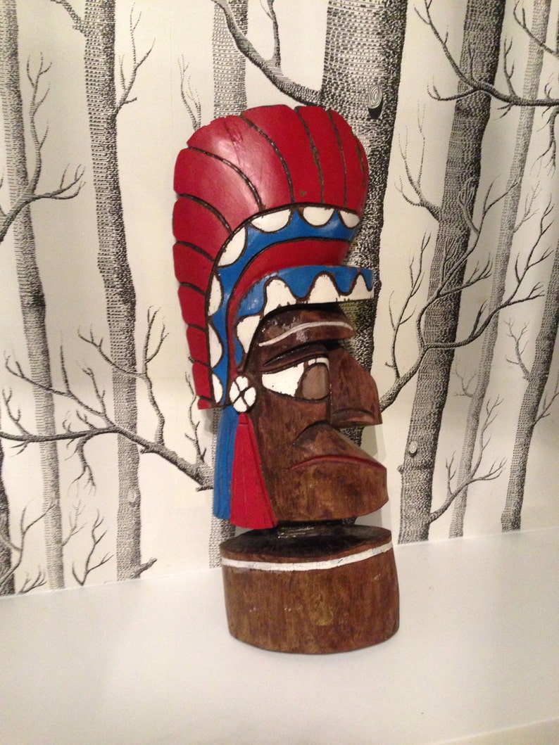 Totem Pole Carved Wood Indian Chief Mask Native American Art Tiki Wall Art Antique Wooden image 4