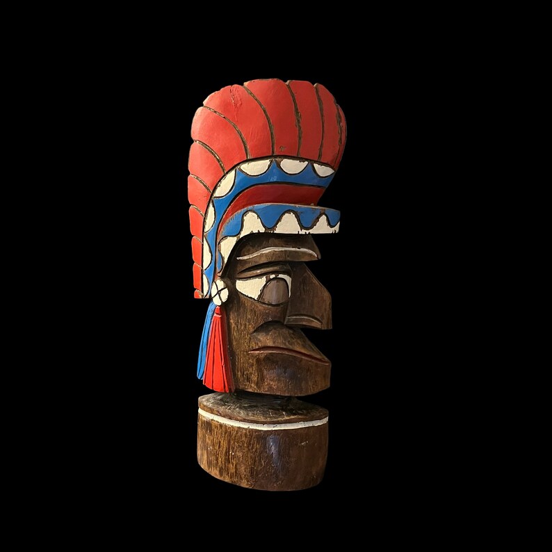 Totem Pole Carved Wood Indian Chief Mask Native American Art Tiki Wall Art Antique Wooden image 2