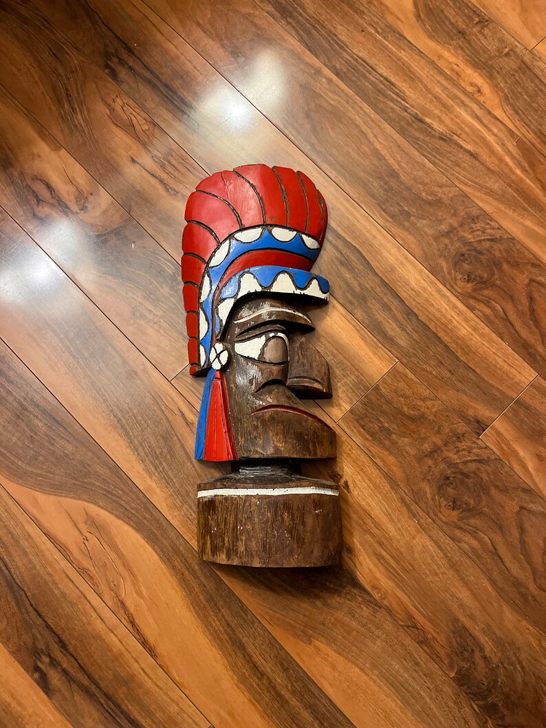 Totem Pole Carved Wood Indian Chief Mask Native American Art Tiki Wall Art Antique Wooden image 6