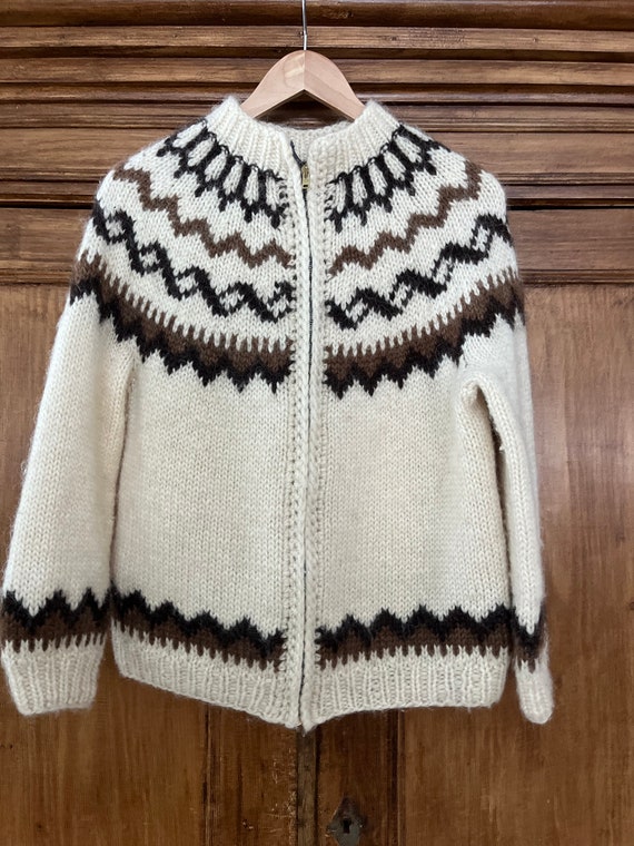 Vintage Handmade Ski Sweater Cream & Brown Wool M… - image 3