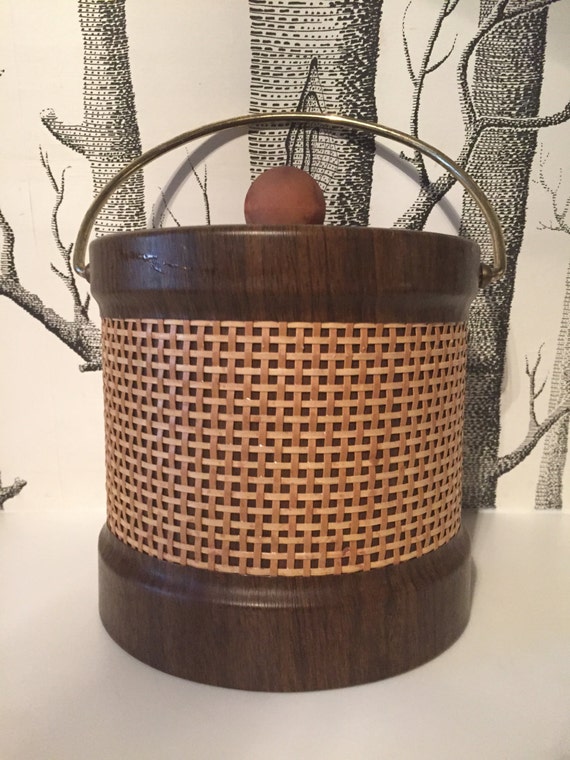 Vintage Faux Walnut And Rattan Ice Bucket Etsy
