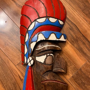 Totem Pole Carved Wood Indian Chief Mask Native American Art Tiki Wall Art Antique Wooden image 7