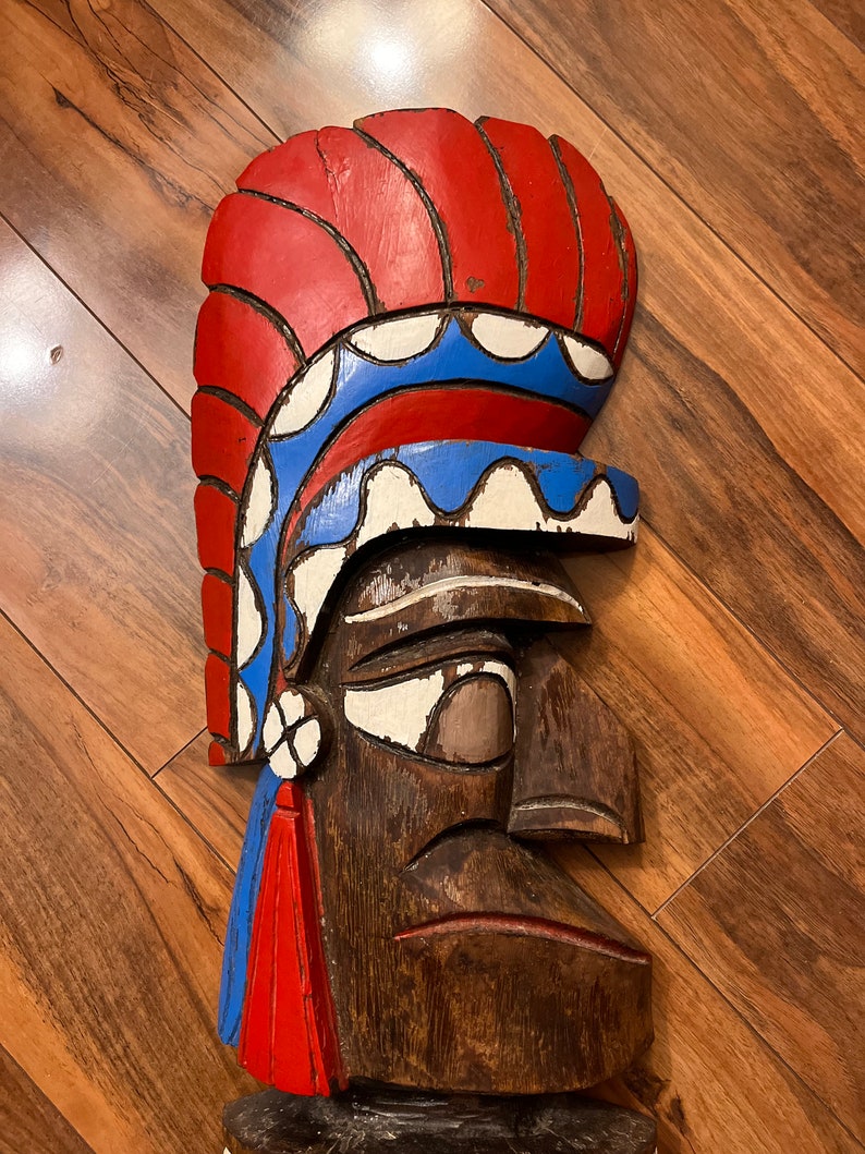 Totem Pole Carved Wood Indian Chief Mask Native American Art Tiki Wall Art Antique Wooden image 7