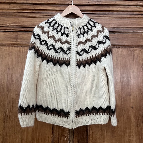 Vintage Handmade Ski Sweater Cream & Brown Wool M… - image 1