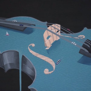 Kunstdruk | 13x19 inch | "Geluiden van de stad" | Surrealistische kunst | Viool Altviool Cello Contrabas | Miniatuur | Auto's en boten