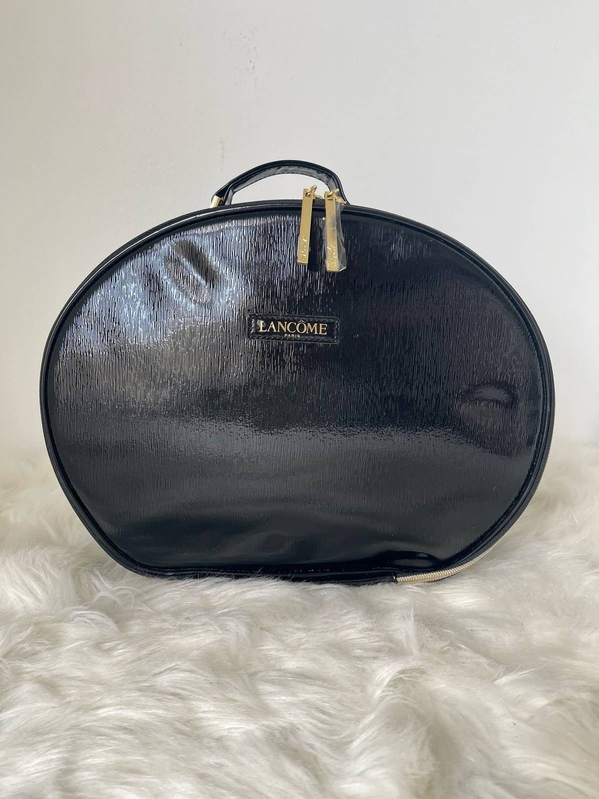 NEW Lancôme Black Patent Leather Round Handle Cosmetic Bag 