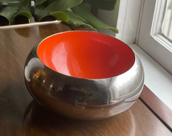 Vintage Mid Century Modern Orange Enamel and Silver Bowl