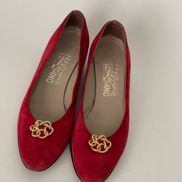 Classic Ferragamo Red Suede Flats with Gold Pendant Size 9.5