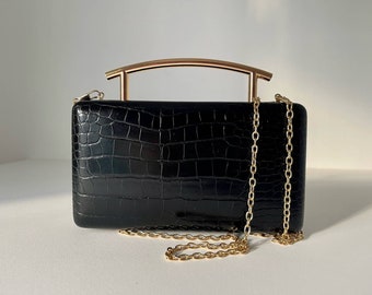 Urban Outfitters Black Patent Leather Hard Clutch with Gold handle and Chain