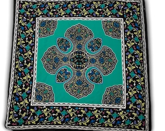 Vintage Ladies Teal Celtic Cross Floral Silk Scarf