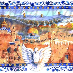 Könnte beinhalten: Ein Aquarellbild, das die Skyline von Jerusalem, Israel, darstellt. Das Bild zeigt den Felsendom, die Klagemauer und andere wichtige Sehenswürdigkeiten. Eine weiße Taube fliegt über der Stadt und symbolisiert Frieden.
