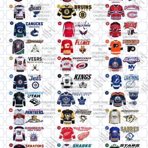 Puede incluir: Una colección de 30 camisetas de hockey de la NHL diferentes, cada una con los logotipos y colores del equipo. Las camisetas están dispuestas en una cuadrícula, con los nombres y logotipos de los equipos claramente visibles. La imagen incluye el texto "Purchase to Download Unlocked Images."