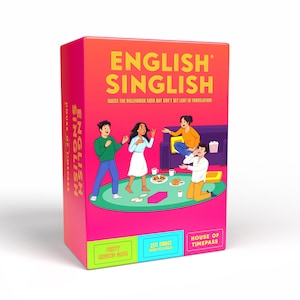 May include: A brightly colored game box for "English Singlish." The box features a vibrant illustration of people playing a game, with the text "Guess the Bollywood song but don't get lost in translation!" The box also includes the text "250 Songs" and "House of Timepass."