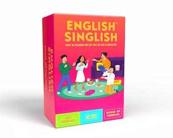 Puede incluir: Una caja de juego de colores brillantes para "English Singlish". La caja presenta una ilustración de personas jugando, con el texto "¡Adivina la canción de Bollywood pero no te pierdas en la traducción!" La caja también incluye el texto "250 canciones" y "House of Timepass".