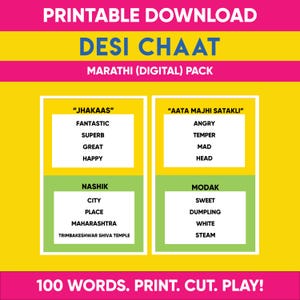 May include: Printable flashcards with yellow and green backgrounds. The cards feature Marathi words and their English translations. The words are related to the Indian snack "chaat". The text "100 WORDS. PRINT. CUT. PLAY!" is at the bottom of the image.
