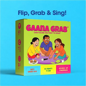 May include: A square board game box titled Gaana Grab with the text Flip, Grab & Sing! and Can You Be The First To Sing? The box features a cartoon illustration of three people sitting around a purple mat with a microphone, snacks, and cards.