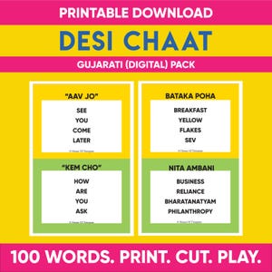 May include: A printable set of 100 Gujarati words for children. The cards are yellow and green with black text. The words are divided into four categories: "Aav Jo", "Kem Cho", "Bataka Poha", and "Nita Ambani".