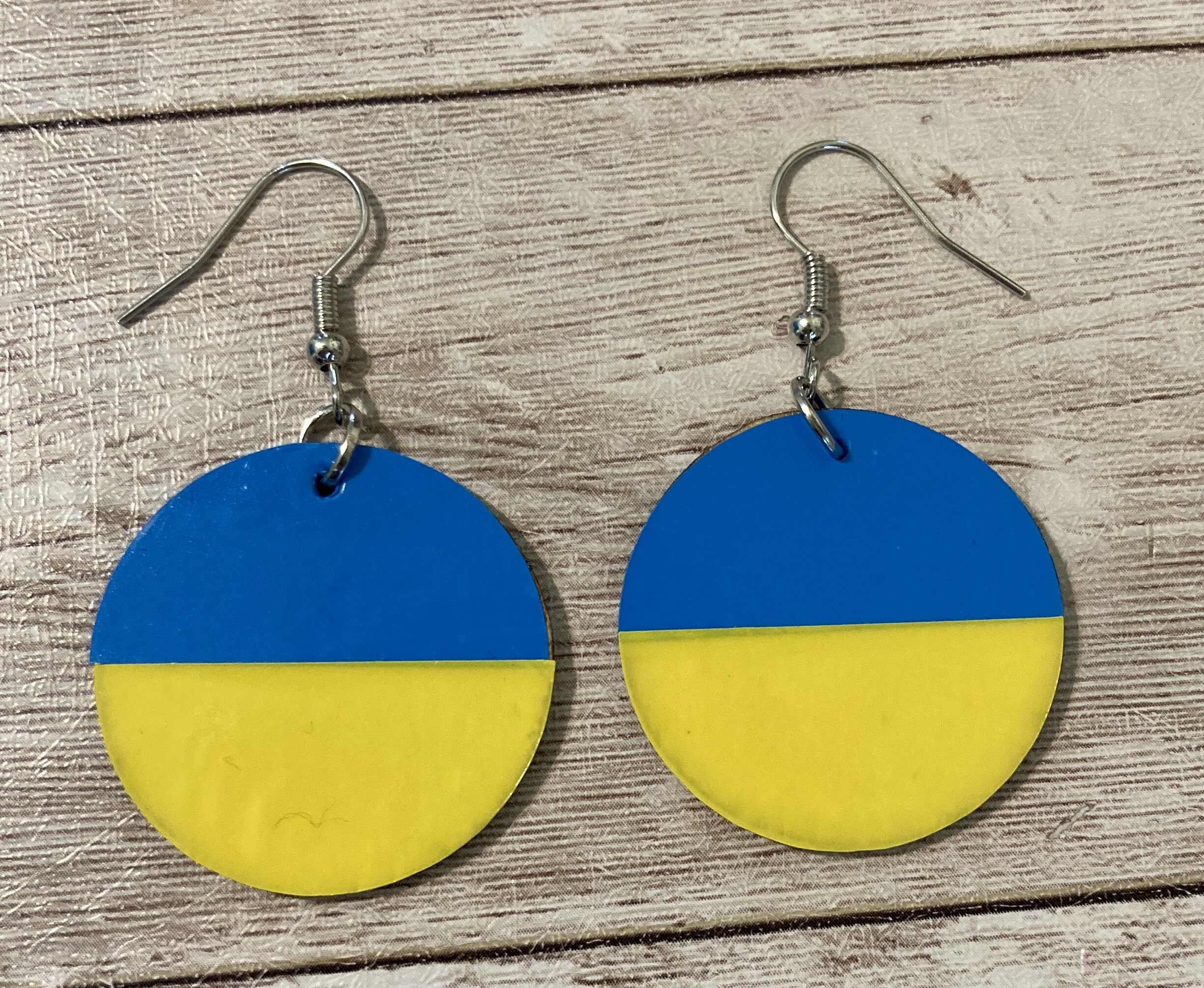 Wood Dangle Circle Earrings Blue Yellow Ukranian Flag Colors Etsy