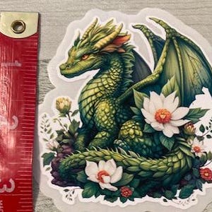 Dragon Decal Dragon Vinyl Sticker 3 inch Dragon Sticker Green Dragon with Flowers Sticker  Mystical Dragon Sticker Magical Dragon Sticker