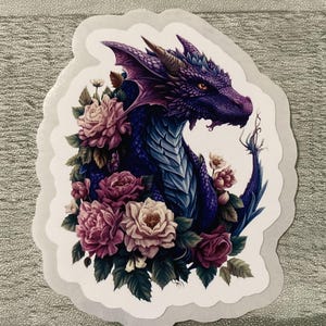 Purple Dragon Sticker Mystical Magical Dragon Sticker Purple Dragon surrounded by Flowers  Dragon Head Sticker  Purple Blue Dragon Sticker
