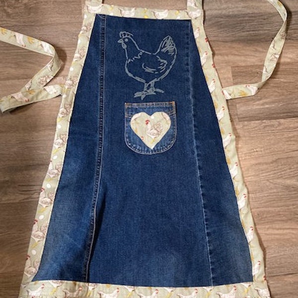 Recycled Jeans Apron  Chicken Jean Apron Chicken Apron Denim Apron Denim Up Cycled Jean Apron Chickens Jean Apron Ruffled Jean Apron