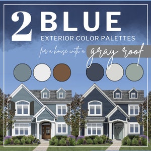 BLUE Exterior Paint Color Combinations - Custom House Palettes - Color Consultation - Modern Exterior Palette - Navy Blue Paint - Gray Roof