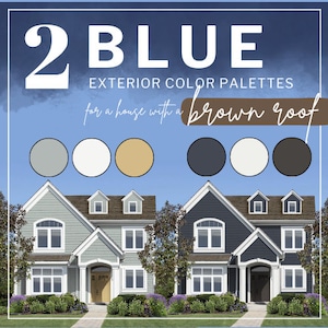 BLUE Exterior Paint Color Combinations - Custom House Palettes - Color Consultation - Modern Exterior Palette - Navy Blue Paint - Brown Roof