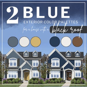 BLUE Exterior Paint Color Combinations - Custom House Palettes - Color Consultation - Modern Exterior Palette - Navy Blue Paint - Black Roof