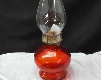 vintage red glass footed oil font , with eagle burner and clear chimney , holiday decor , Christmas gift , rustic decor , cabin decor
