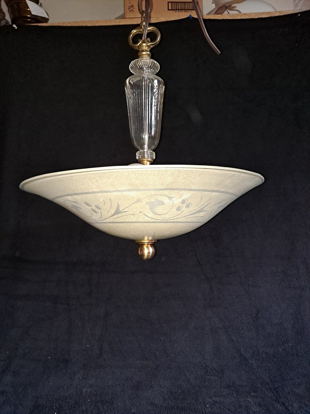 Vintage Glass Hanging Lamp , With Brass Accents. 3 Light Cluster Retro ...