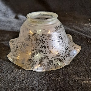 Vintage  frosted acid etched petticoat style light globe  2 1/8 inch lip fitter  floral etching , shallow bell ruffled edge , 2 1/2 in. deep