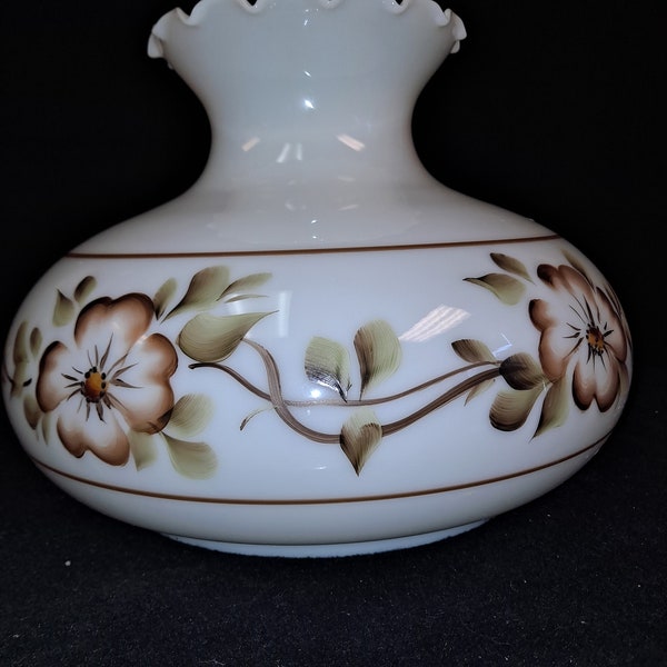 Vintage Large bulged hand painted opal glass Parlor shade  replacement with 10 inch fitter .