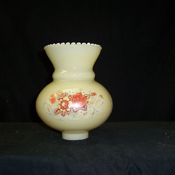 Vintage Custard cream colored glass  hurricane style chimney with 2 inch fitter , applied floral motif 6 inch tall bead top  5.5 inch bulge