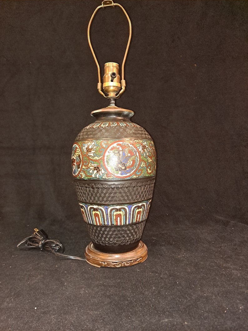 Vintage Champleve Bronze Enameled Vessel Jar Lamp With Dragons and ...
