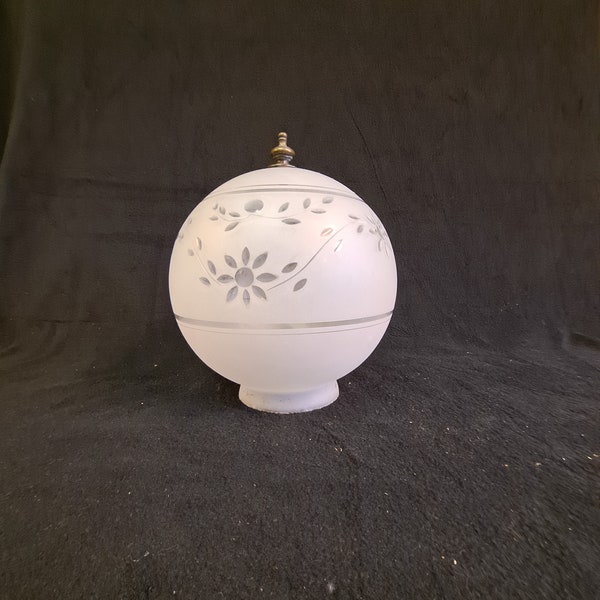 Vintage  8 inch clear frosted glass ball shade  wheel cut foliate pattern  and decorative brass finial ,3 3/4 inch fitter replacement globe