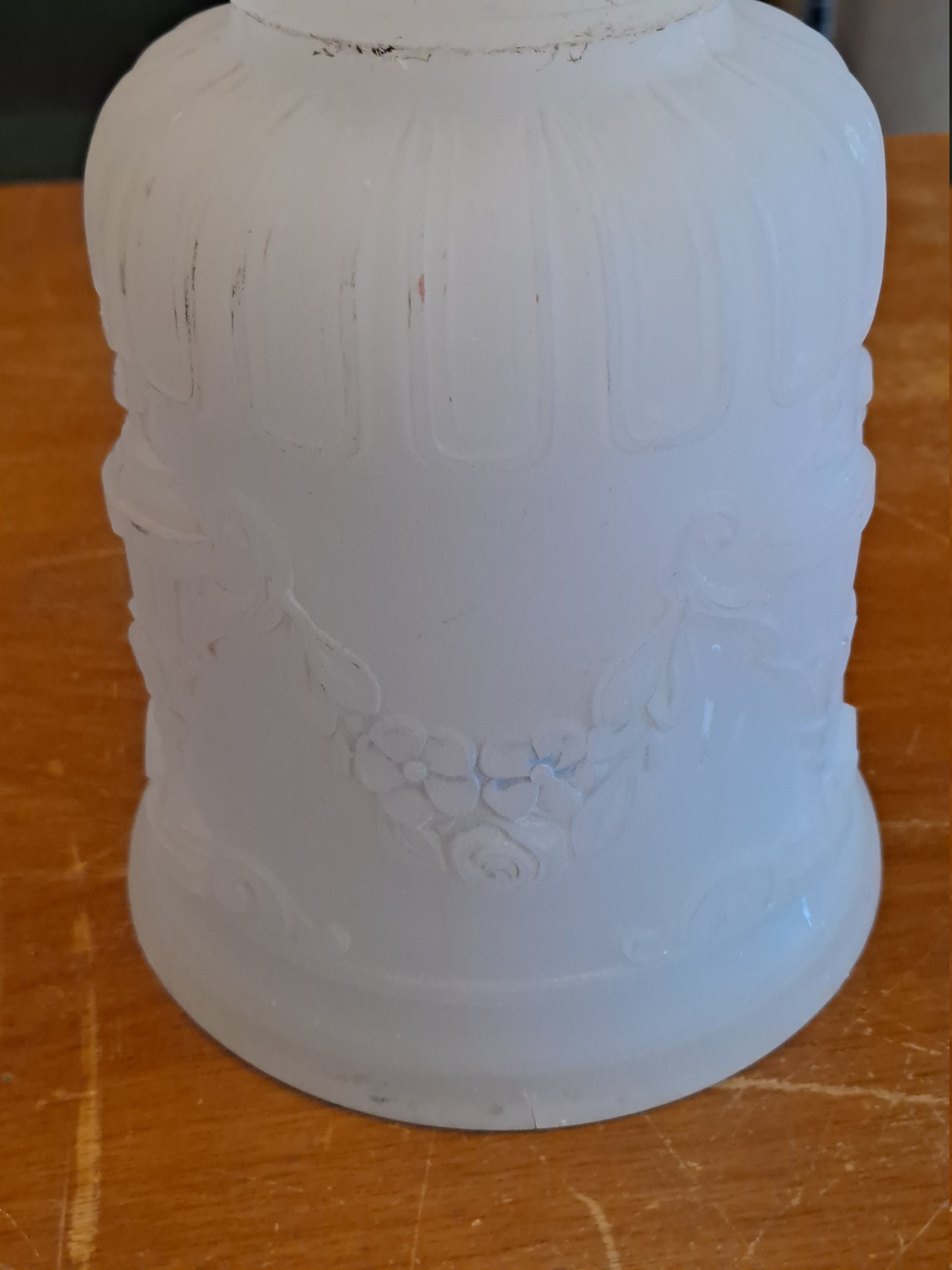 Vintage Cast glass , Bell shade  for light fixture 2 1/8 inch lip fitter   pendant light shade ,  embossed floral and urn  decoration  ncc