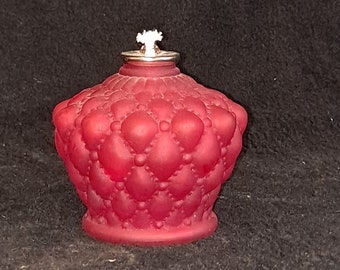 Vintage miniature  Red Satin Glass Oil Candle  Gift giving Holiday gift idea ,  quilted pattern  Red glass oil candle  small oil candle