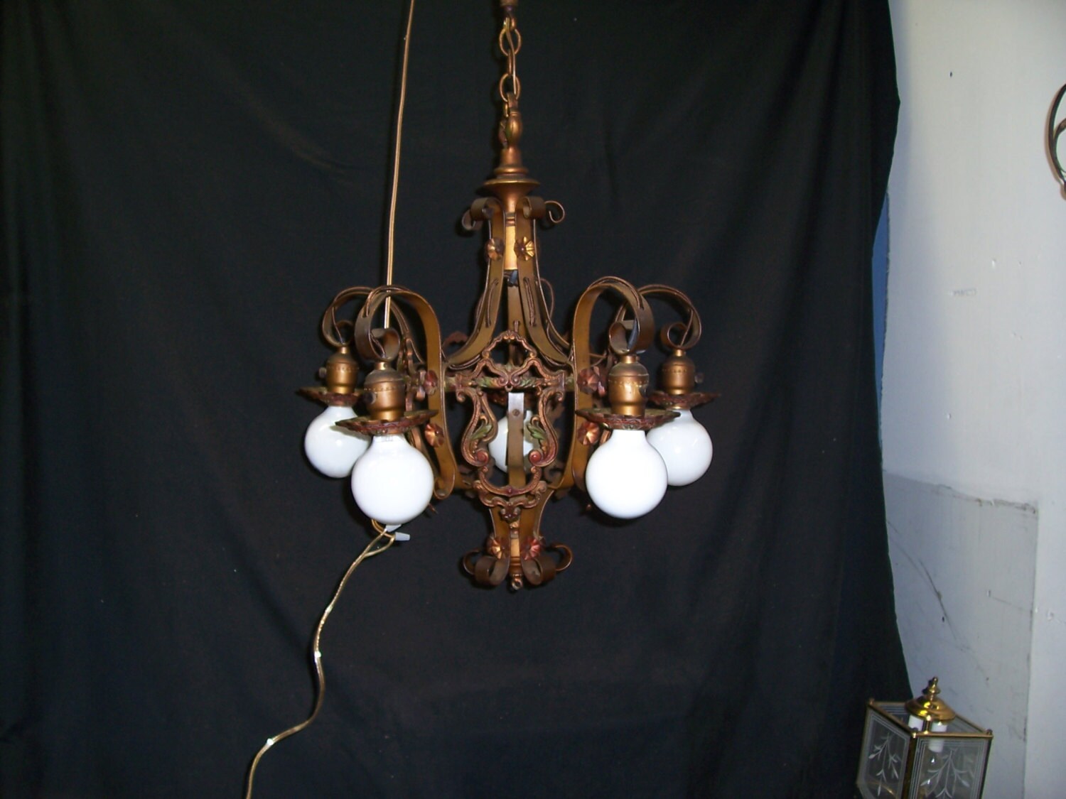 1920s Vintage Polychrome Hanging 5 Light Chandelier Zoom