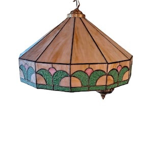 Antique  Circa 1910 copper foiled  stained glass Arts and Crafts , prairie styled Hanging Lamp . 21 inches in diameter , caramel green pink