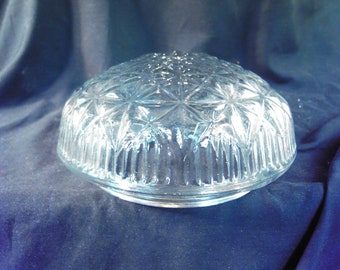 Vintage Clear pressed glass  lattice pattern   button  semi flush  mount light cover , 4 inches deep  8 inches wide , 5 3/4 lip fitter .