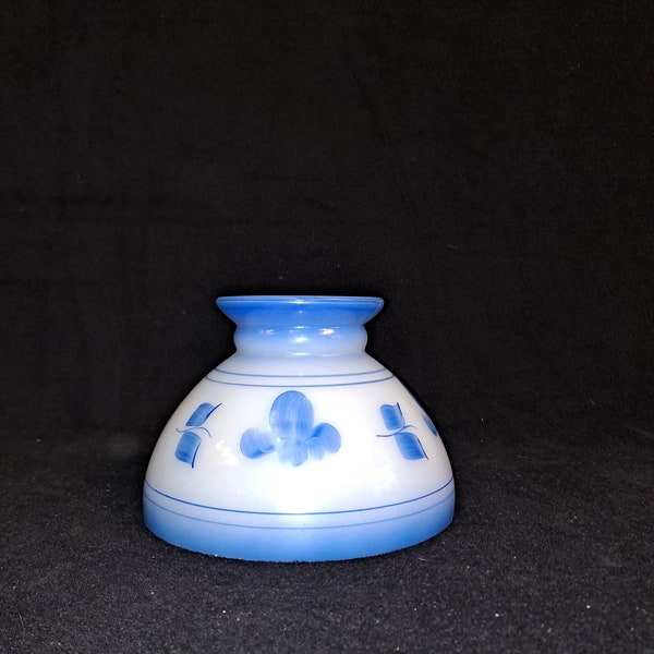 VTG  Heavy Milk Glass  Student /hurricane style shade 8 inch fitter , Blue fired on decoration  . 5 1/2 inches tall plain top  ncc