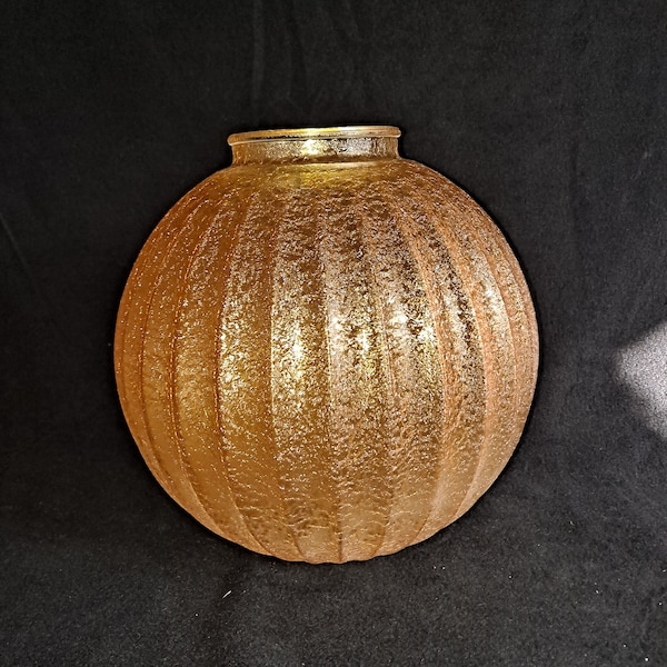Vintage 9 inch  inverted ribbed  Ball Lighting Shade   Flashed Textured Amber colored coating  4 inch fitter & 5/8 inch bottom finial hole