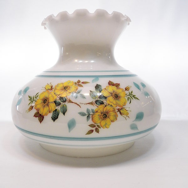 Vintage  Parlor Lamp  half dome shape, Gone with the wind shade  Opal glass  yellow and teal blue floral motif ruffled top 7 inch fitter