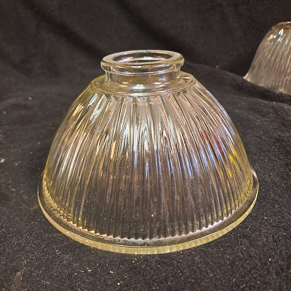 vintage  ribbed glass inverted bowl , dome shades , 2 1/4 inch lip fitter , 6 1/2 inch diameter bottom , 3 1/2 in tall . Holophane style ,