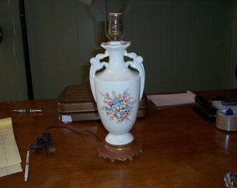 Porcelain Table lamp, floral motif , Browns and Blues , cottage lamp , window lamp , Reading lamp , Metal base