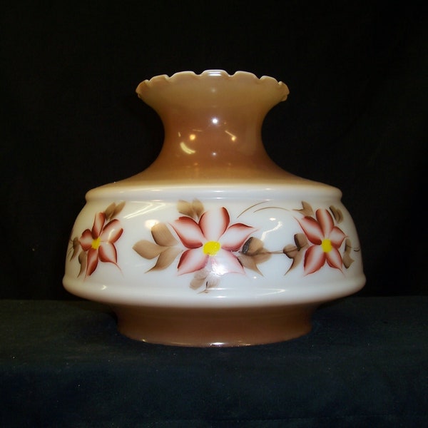 vintage Milk Glass Parlor shade  Brown and White   red floral motif ,  hurricane  , student , GWTW shade  replacement  oil lamp kerosene