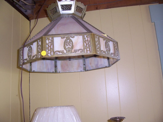Large Vintage Slag Glass Hanging Fixture With Filigree Framing Large Vintage Slag Glass Hanging, Vintage Stained Glass Hanging Lamp Shade