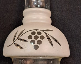 Frosted  Clear Glass  with  stenciled , Grape Bunches motif ,  7 inches tall , 5 inches wide , 3 inch fitter . no chips or cracks , retro