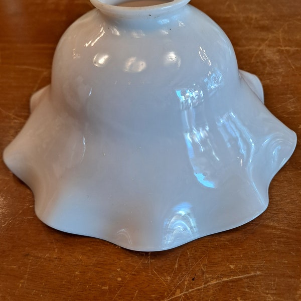 Vintage  Milk Glass Pendant , Lighting shade ,  Ruffled edge , 8 inches wide  2 1/8 inch fitter shallow bell shape period light shade