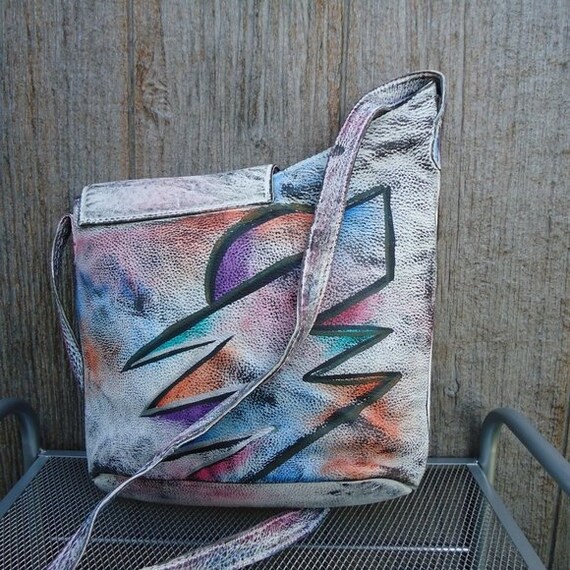 NOS Vintage Handpainted Crossbody Leather Funky P… - image 9
